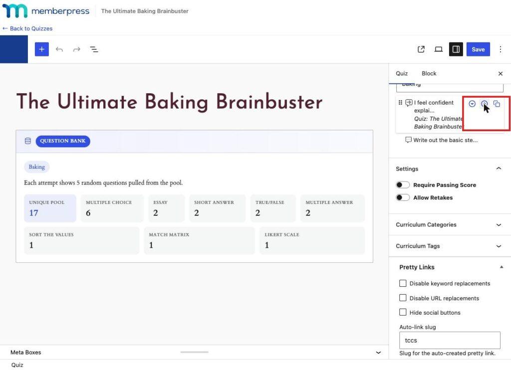 Quiz editor showing the Attach and Duplicate icons next to a quiz question, highlighted.