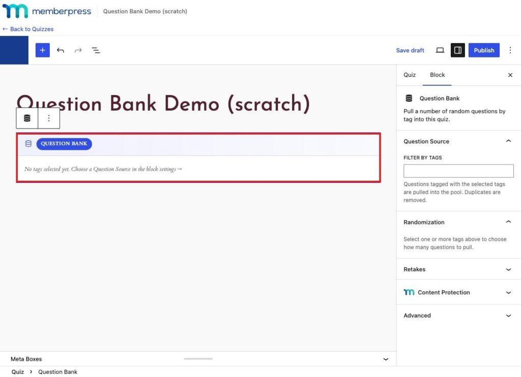 Empty Question Bank block in the course editor reading "No tags selected yet," highlighted.