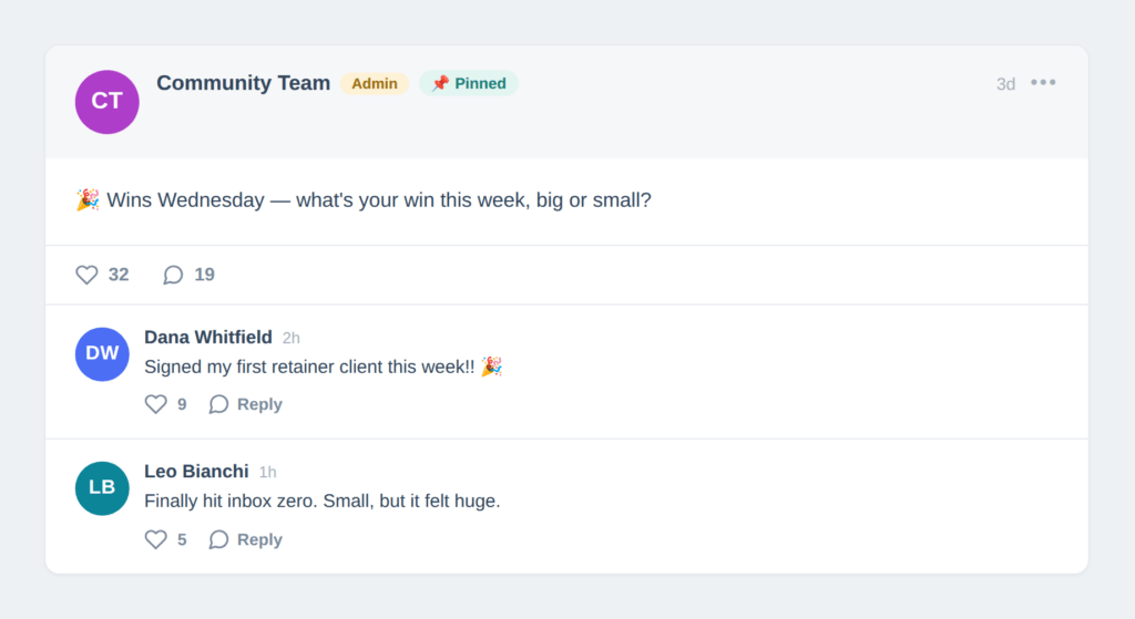 ClubCircles 04-recurring-ritual | MemberPress Pinned "Wins Wednesday" post in a ClubCircles community with members replying with their weekly wins.