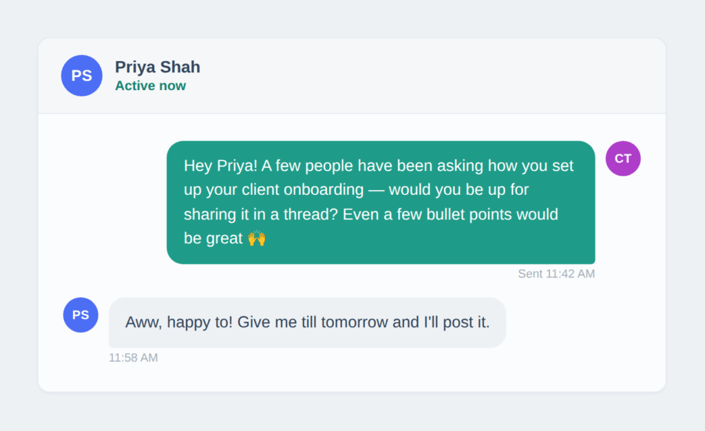 ClubConnect 05-ask-directly-dm | MemberPress Private message in ClubConnect where an admin asks a member directly to share how she set up her client onboarding.