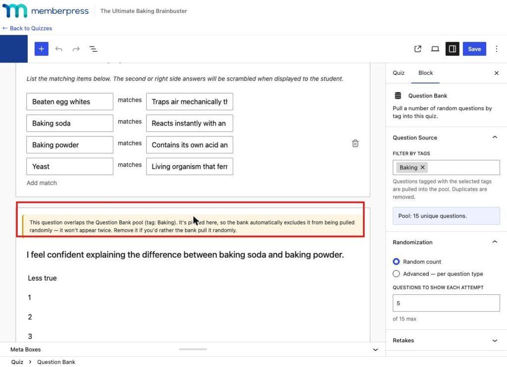 Quiz editor notice explaining that a pinned question is excluded from the random pool, highlighted.