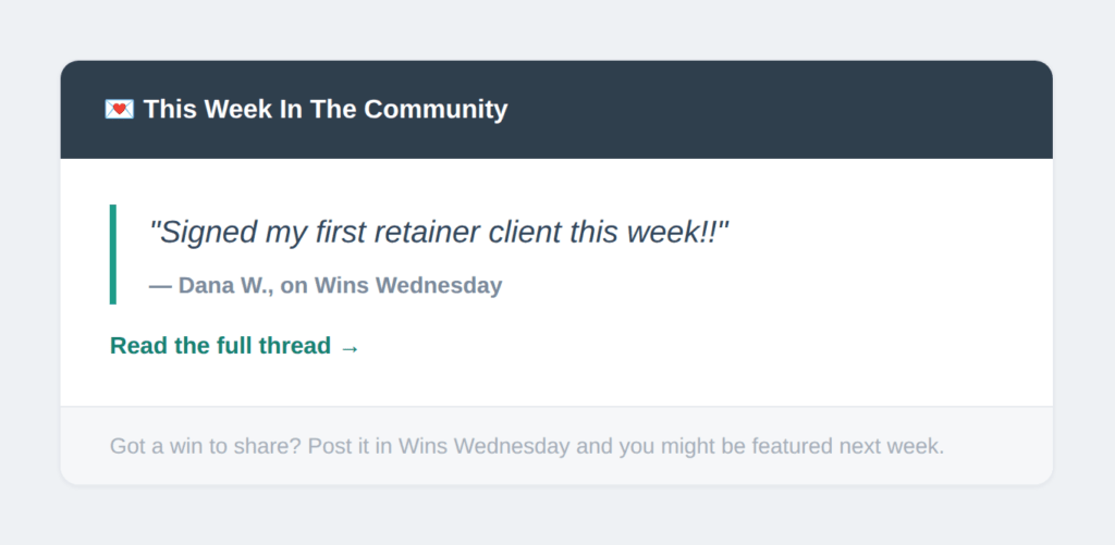 Email to the community 07-show-off-outside | MemberPress Newsletter excerpt featuring a member's quote pulled from the community's Wins Wednesday thread.