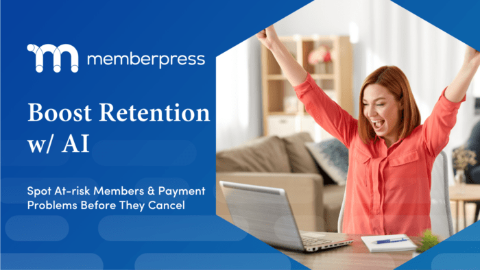 Marketing banner for MemberPress highlighting AI-powered retention; image shows a woman celebrating at a laptop in a blue geometric design.