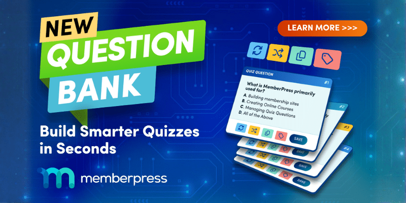 Nouvelle bannière de la banque de questions : des fiches de quiz colorées empilées sur un fond bleu ' tech ', accompagnées du slogan « Créez des quiz plus intelligents en quelques secondes » et d'un bouton « En savoir plus ».