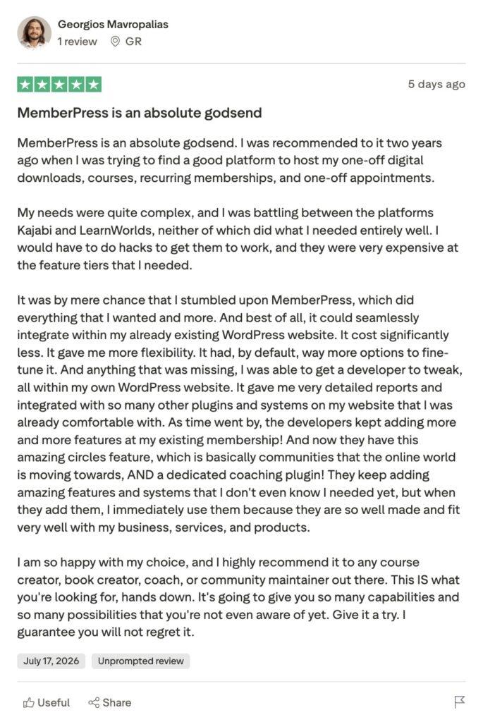 Trustpilot review memberpress courses LMS | MemberPress Trustpilot review for MemberPress detailing why they switched from their existing LMS