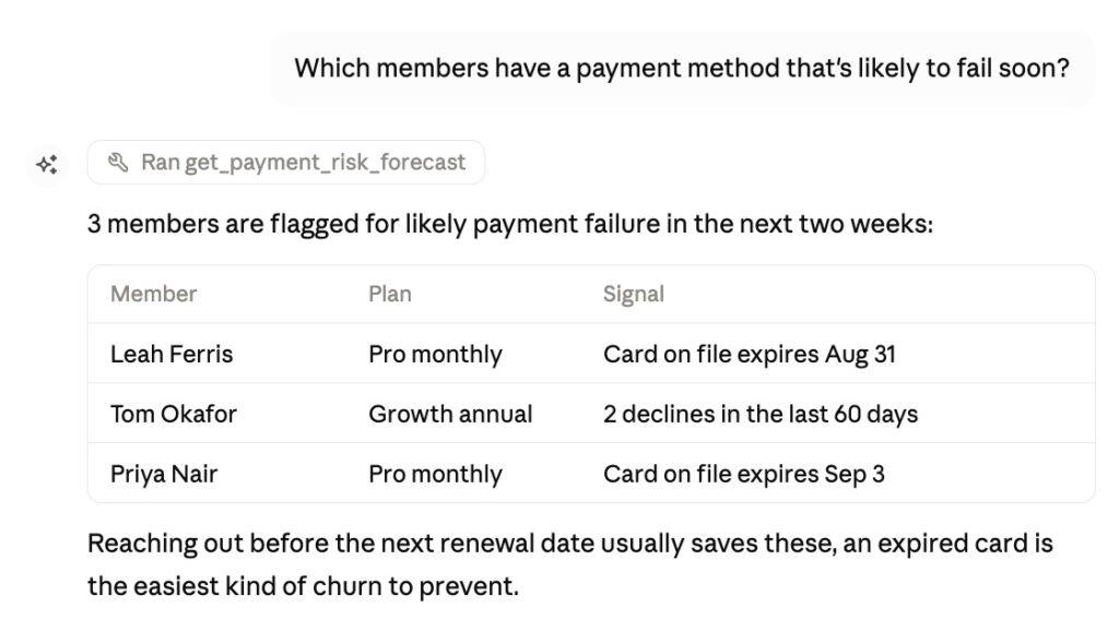 MemberPress AI Foundation payment failure risk list in Claude Desktop Alt text: Claude Desktop chat showing members flagged for likely payment failure, with expiring cards and recent declines, pulled from MemberPress AI Foundation. | MemberPress Screenshot of a Claude Desktop chat connected to MemberPress AI Foundation. The user asks which members have a payment method likely to fail soon. Claude runs the get_payment_risk_forecast MCP tool and returns three members flagged for risk, each with the specific signal behind it, an expiring card or a recent decline, then notes that reaching out before the renewal date usually prevents the failure.