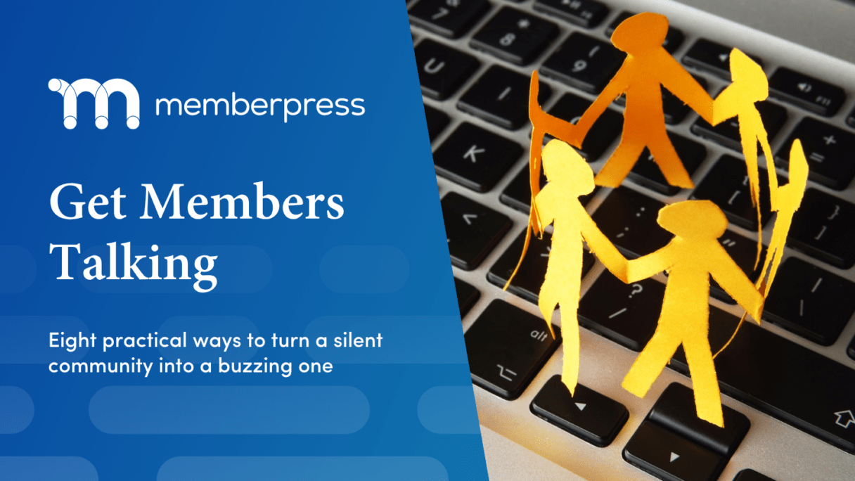 Bannière bleue portant le titre “ Get Members Talking ” (Faites parler les membres), sur laquelle figurent des silhouettes en papier orange reliées entre elles sur un clavier, faisant la promotion d'un guide destiné à favoriser l'engagement sur un site communautaire.
