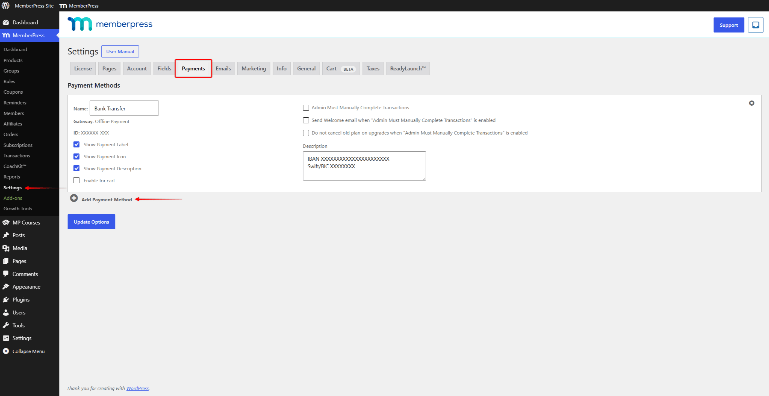 Add Payment Method button on the Payments tab