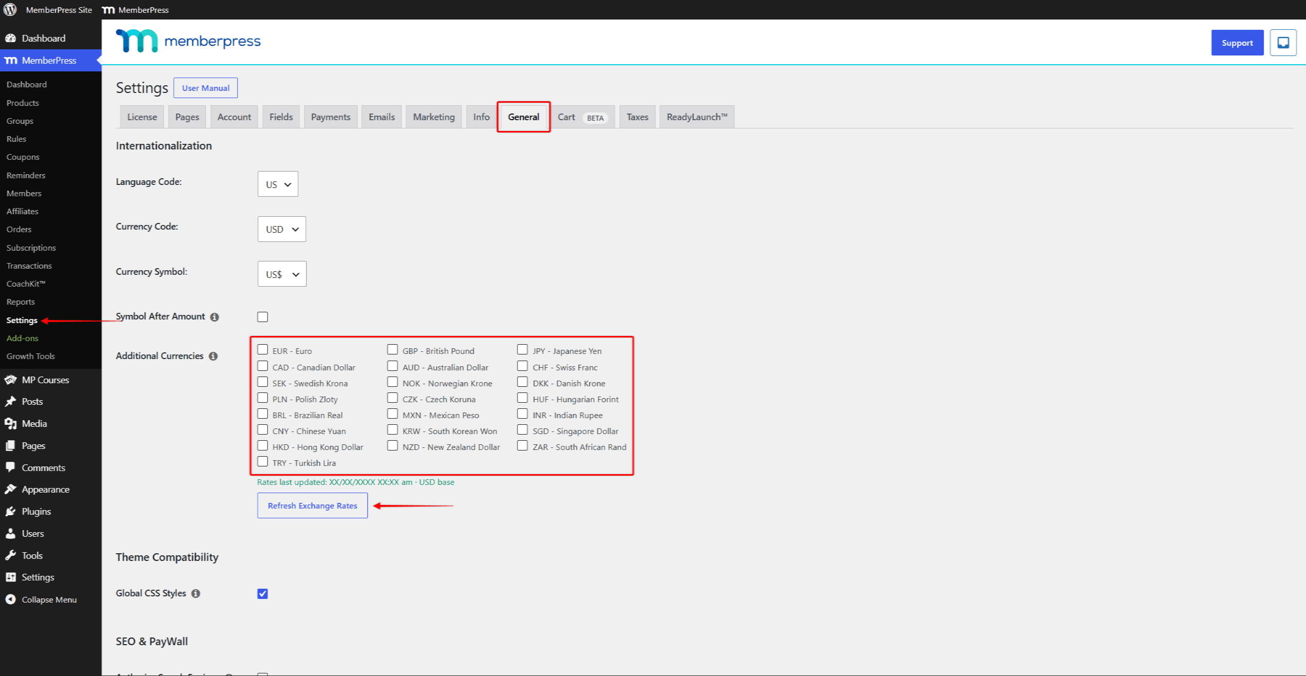 mepr-additional-currencies-1 | MemberPress Additional Currencies options on General tab