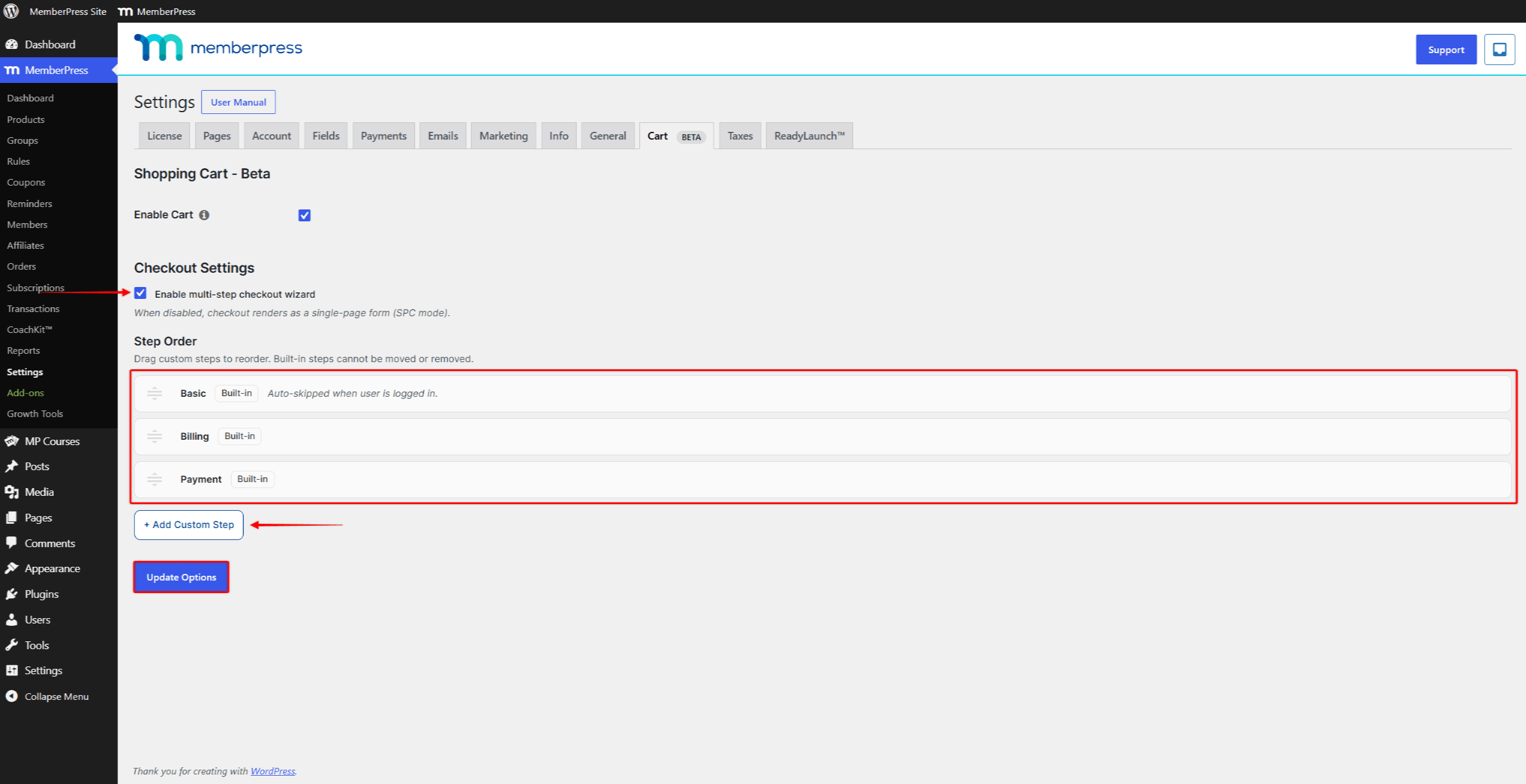 mepr-cart-checkout-steps-1 | MemberPress Checkout wizard settings with built-in steps
