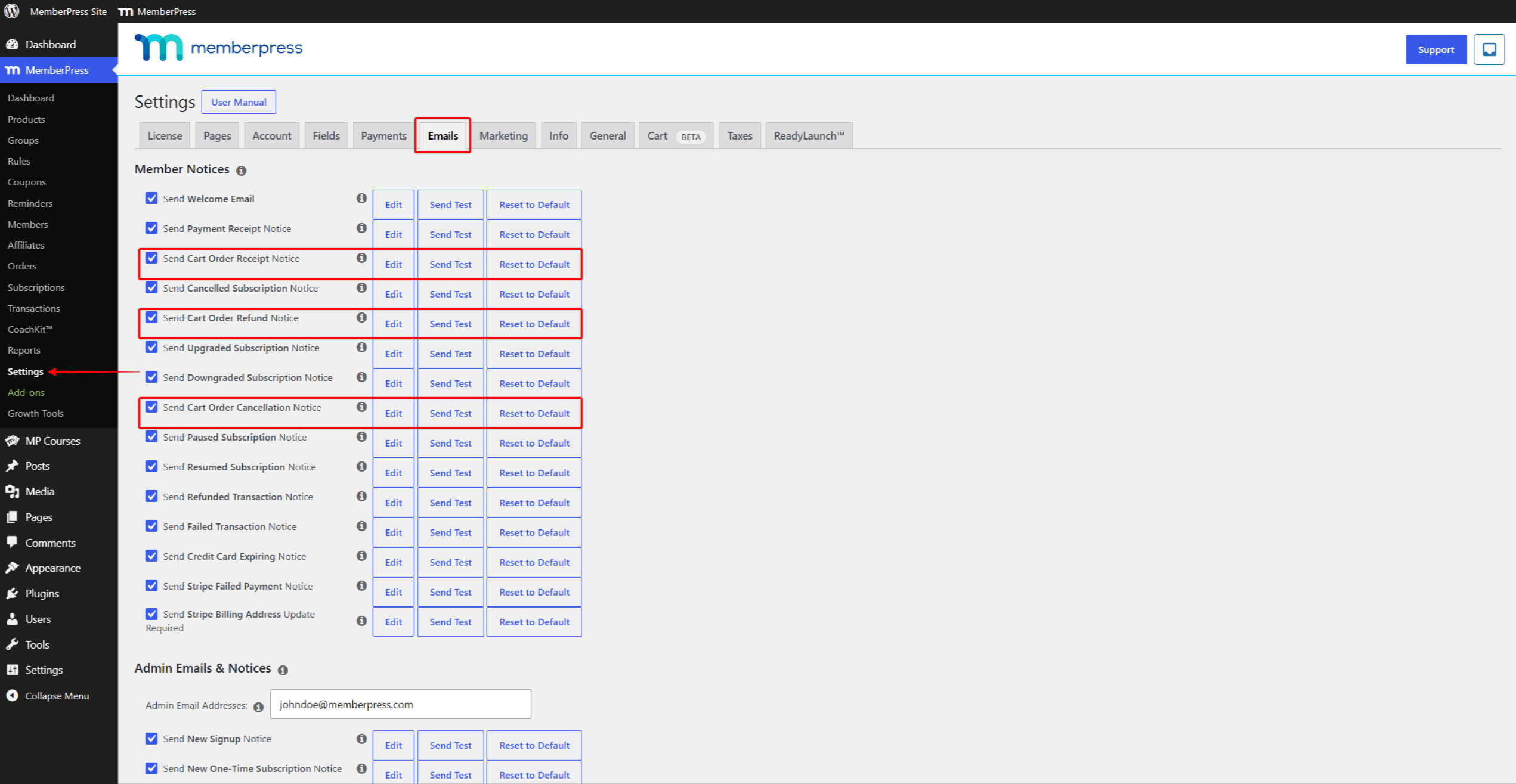 mepr-cart-email-notices-1 | MemberPress Cart email notices on Emails tab