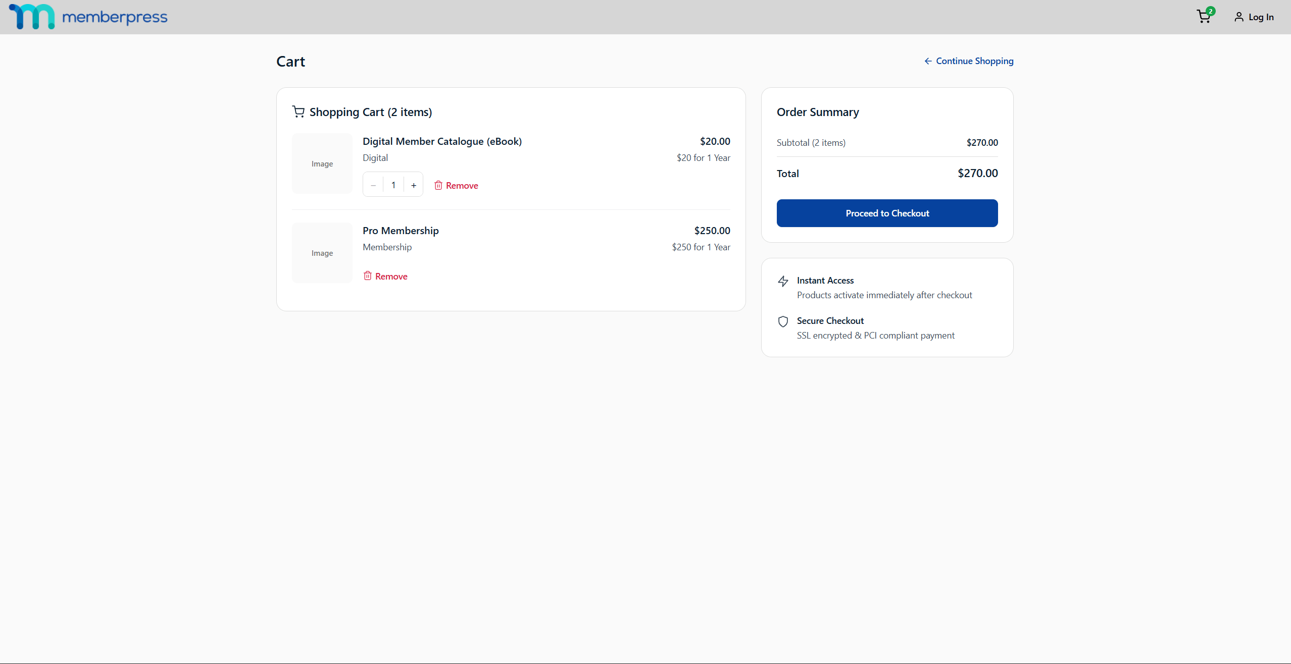 mepr-cart-page-two-items-1 | MemberPress Cart page with two products added