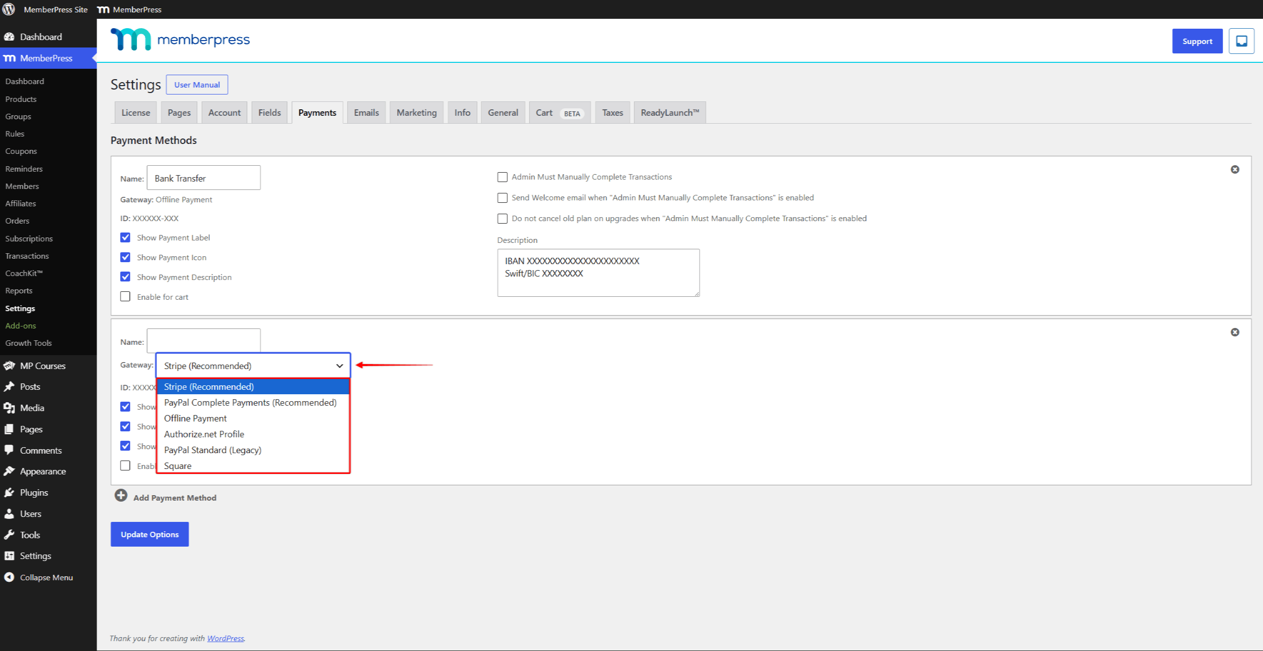 Gateway dropdown with payment processors