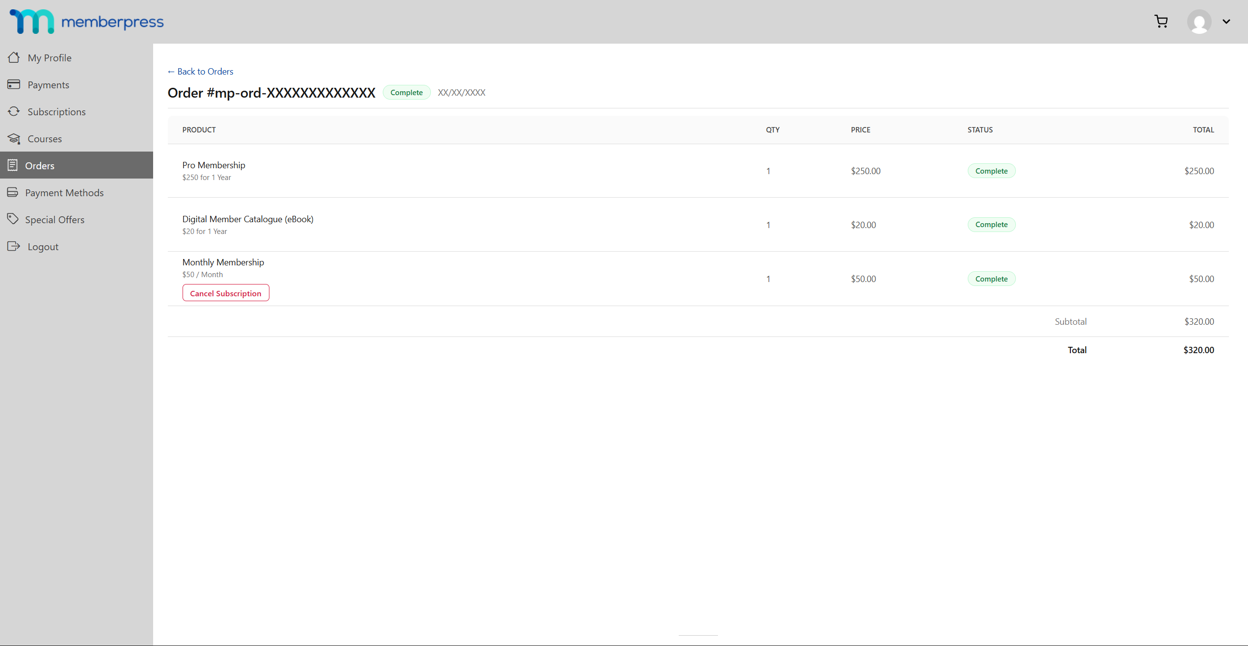 The customer's order on the account page