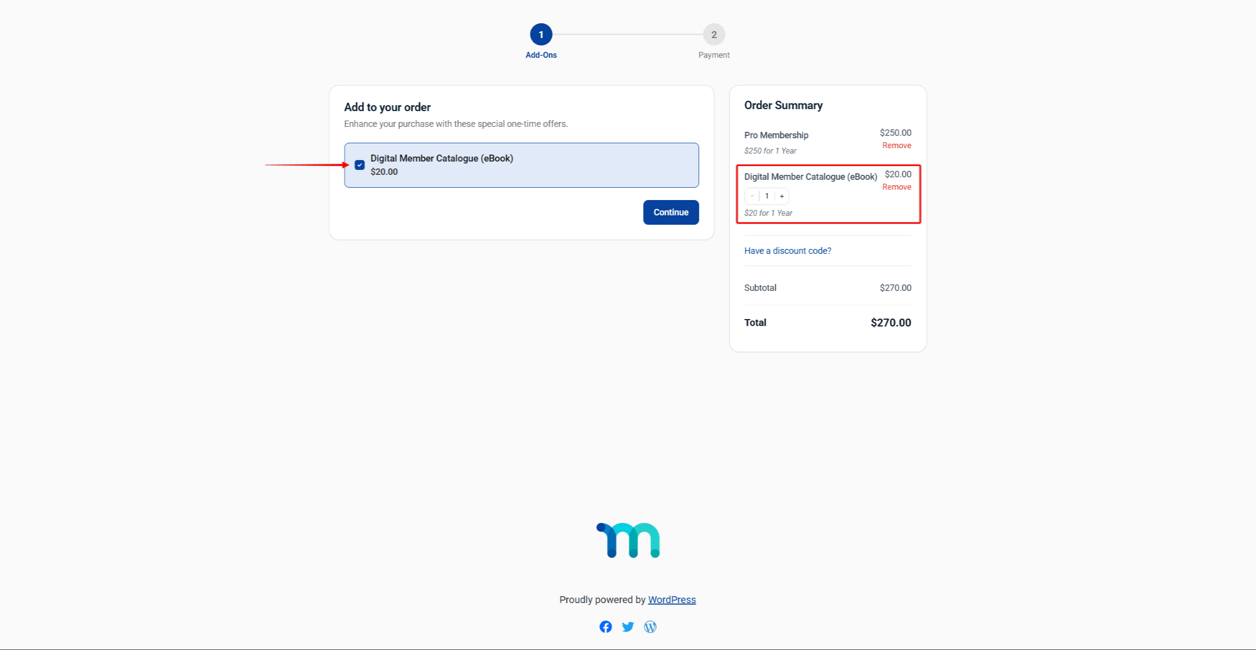 Cart checkout on the Add-Ons step with an order bump selected