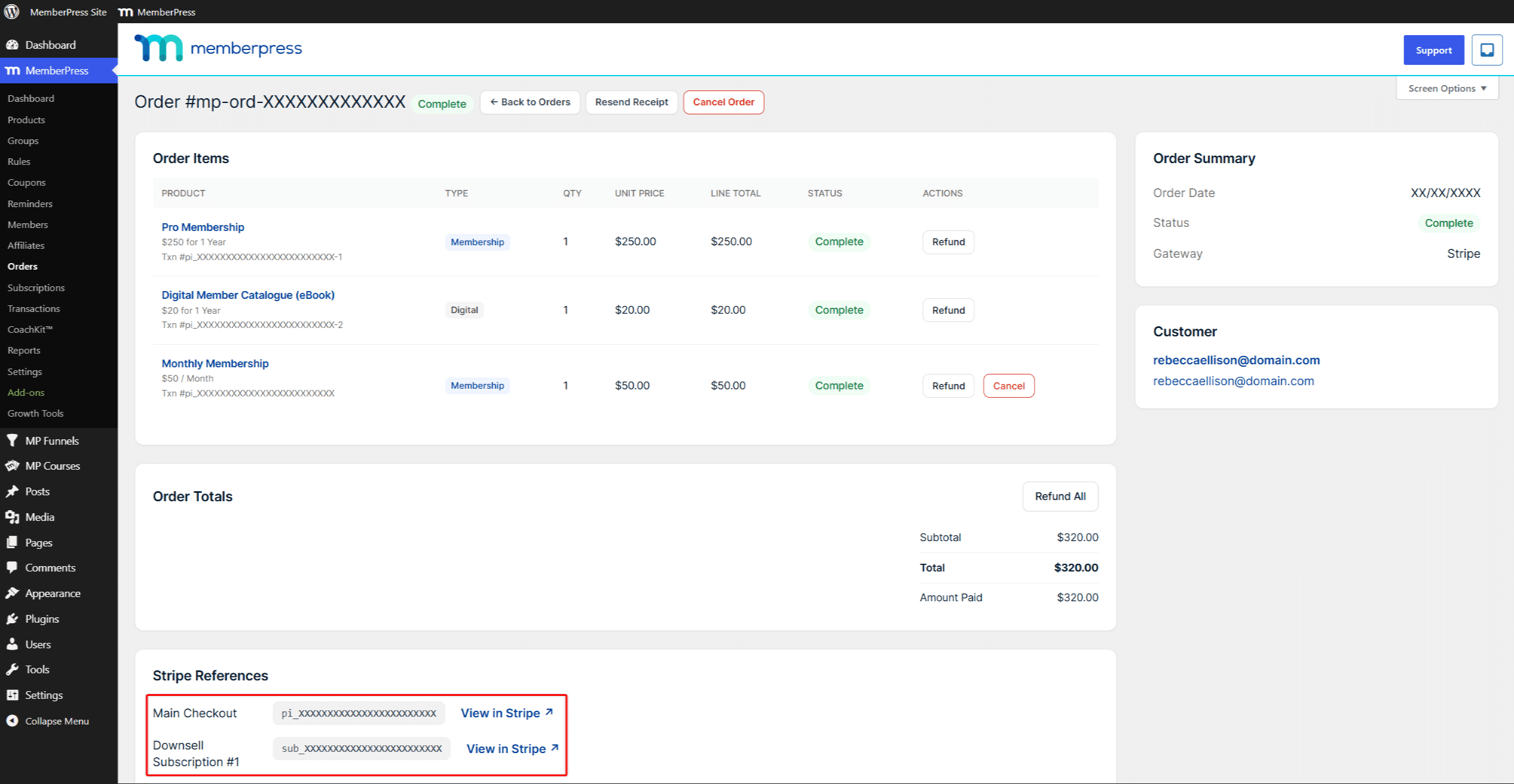 Order detail with Stripe References for the checkout and an accepted offer