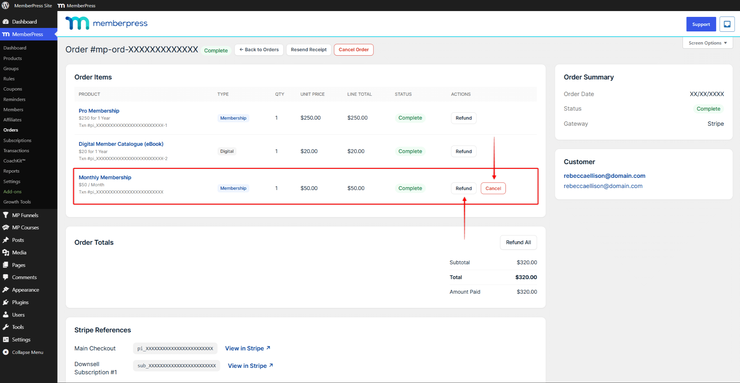Order line for a recurring offer with the Refund and Cancel actions