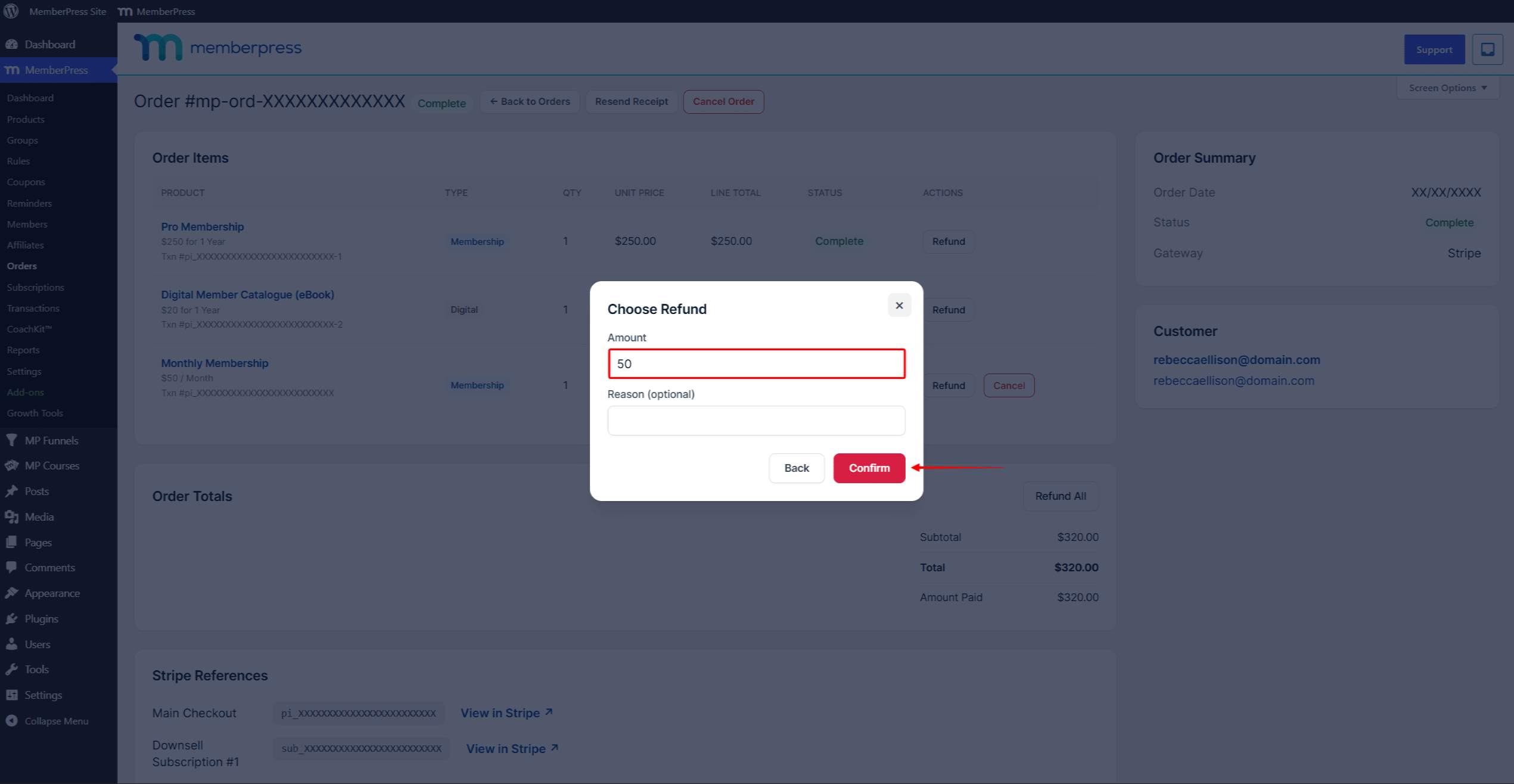 The Choose Refund dialog with the amount and reason fields