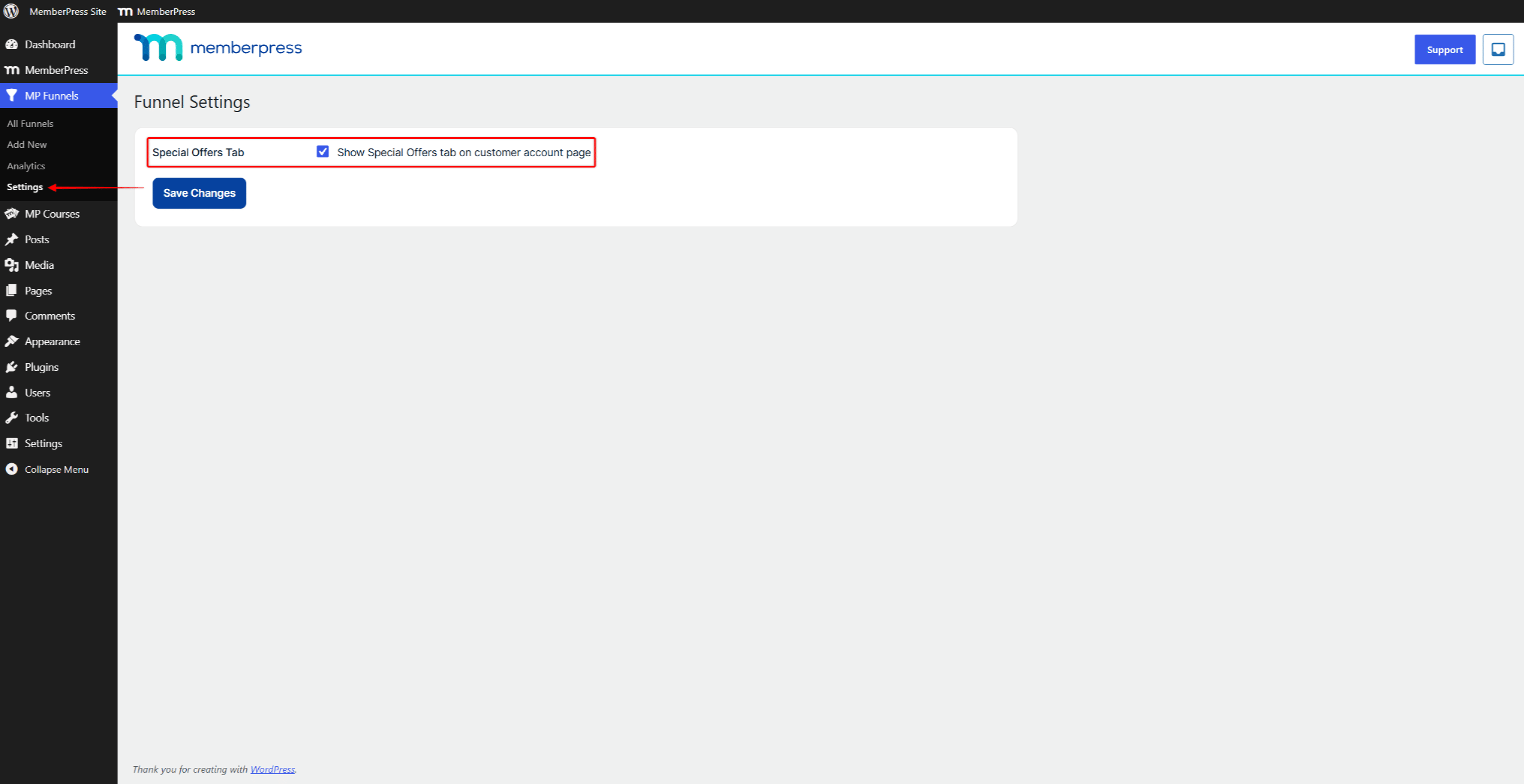 The Funnel Settings page