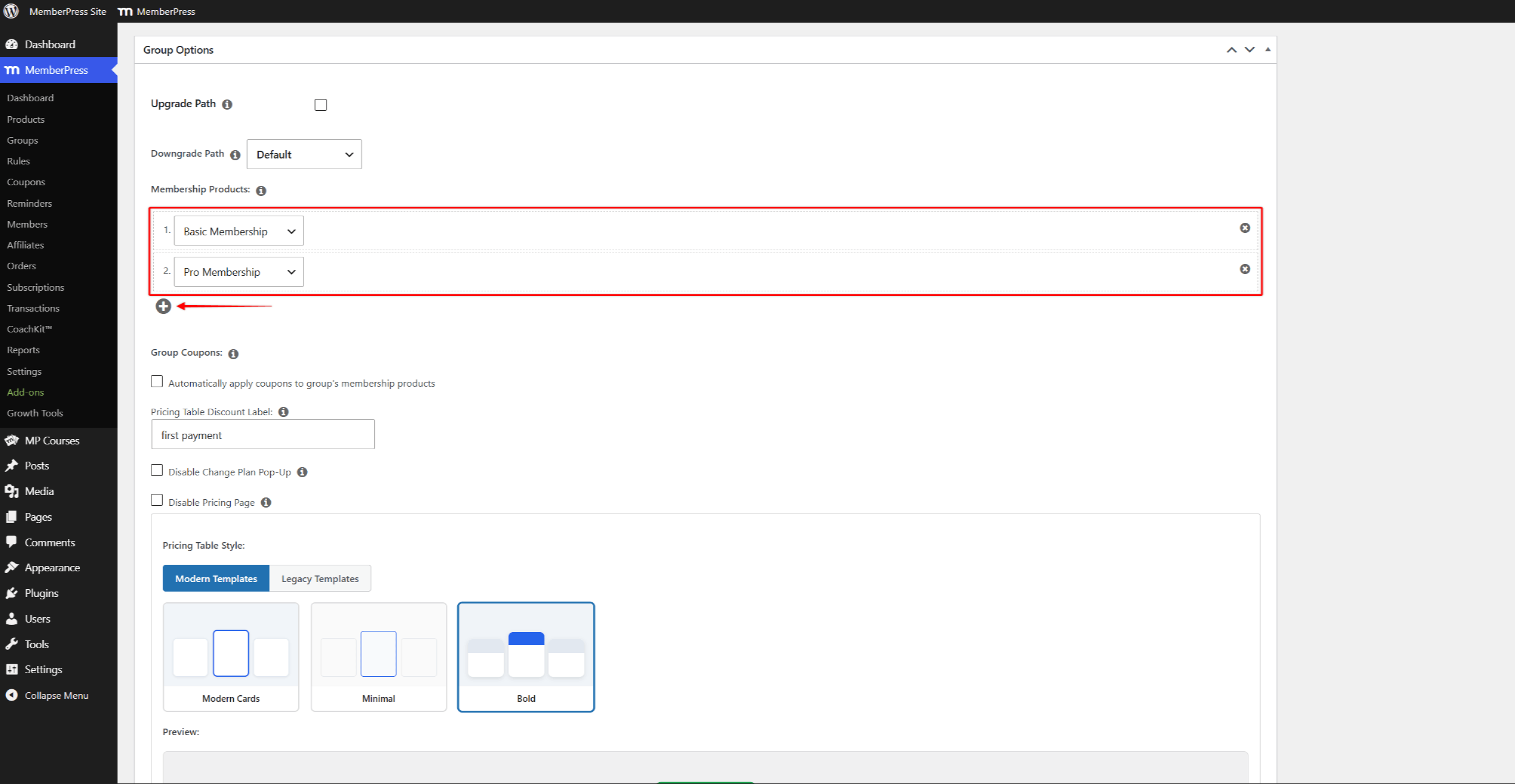 Membership Products field in Group Options