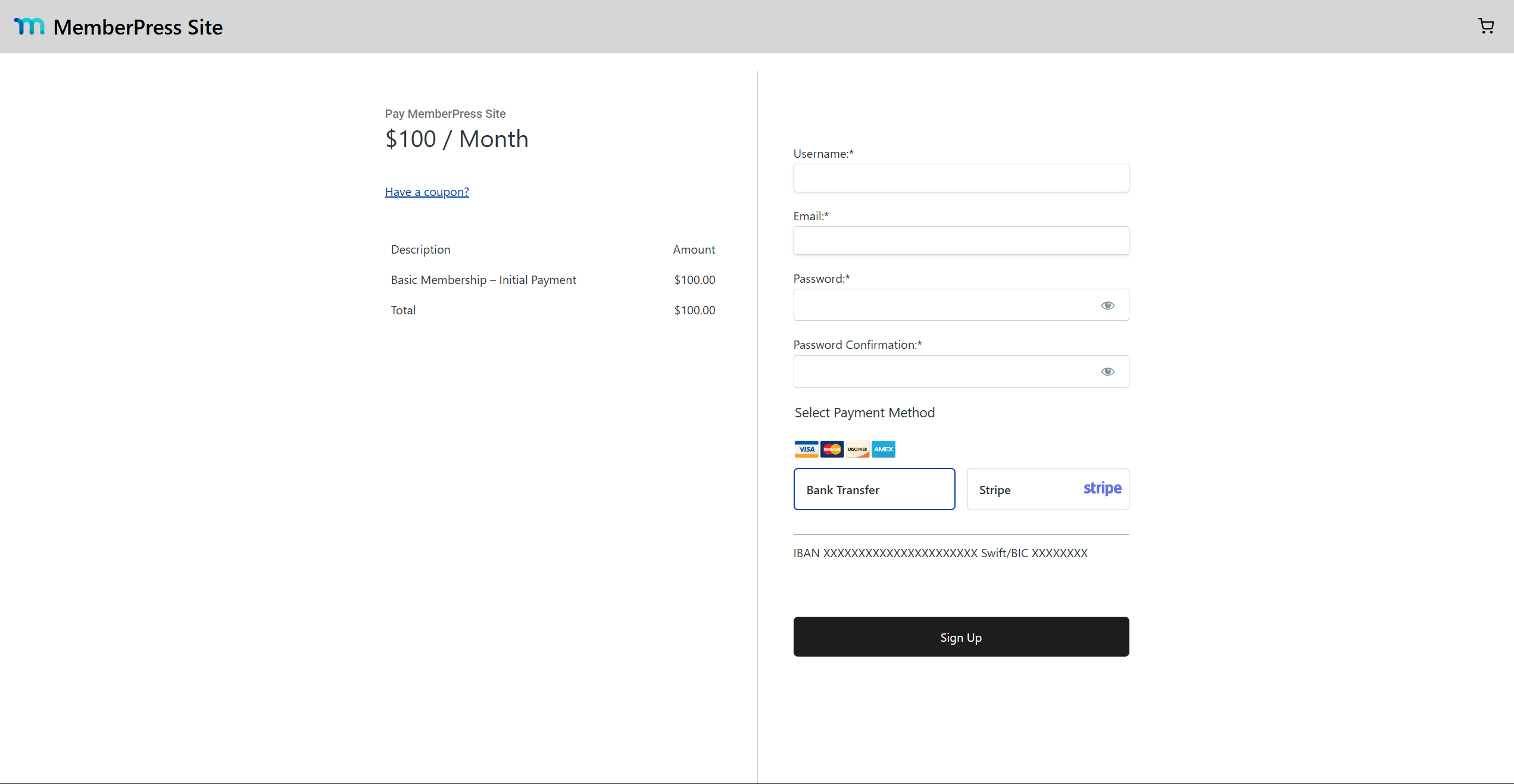 Payment options on a registration page