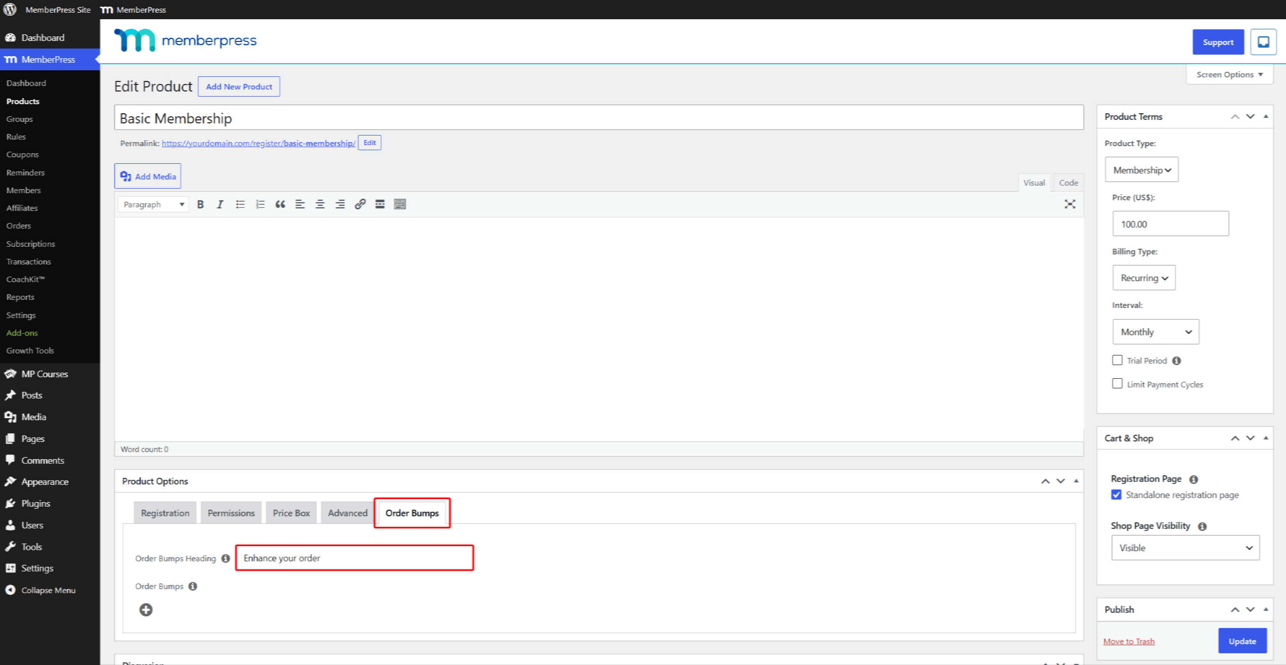 Order Bumps tab under Product Options