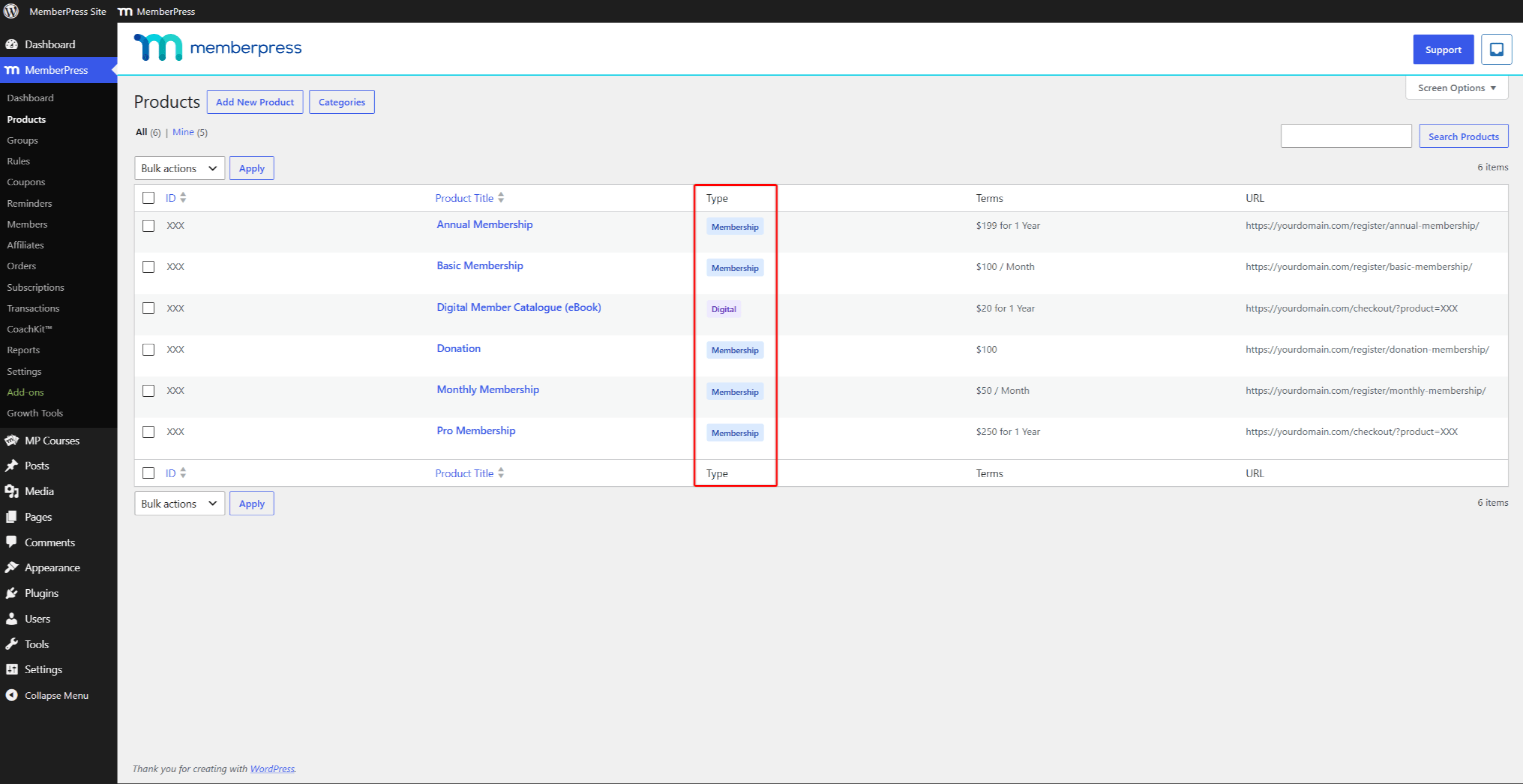 mepr-products-list-type-column-1 | MemberPress Products list showing the Type column