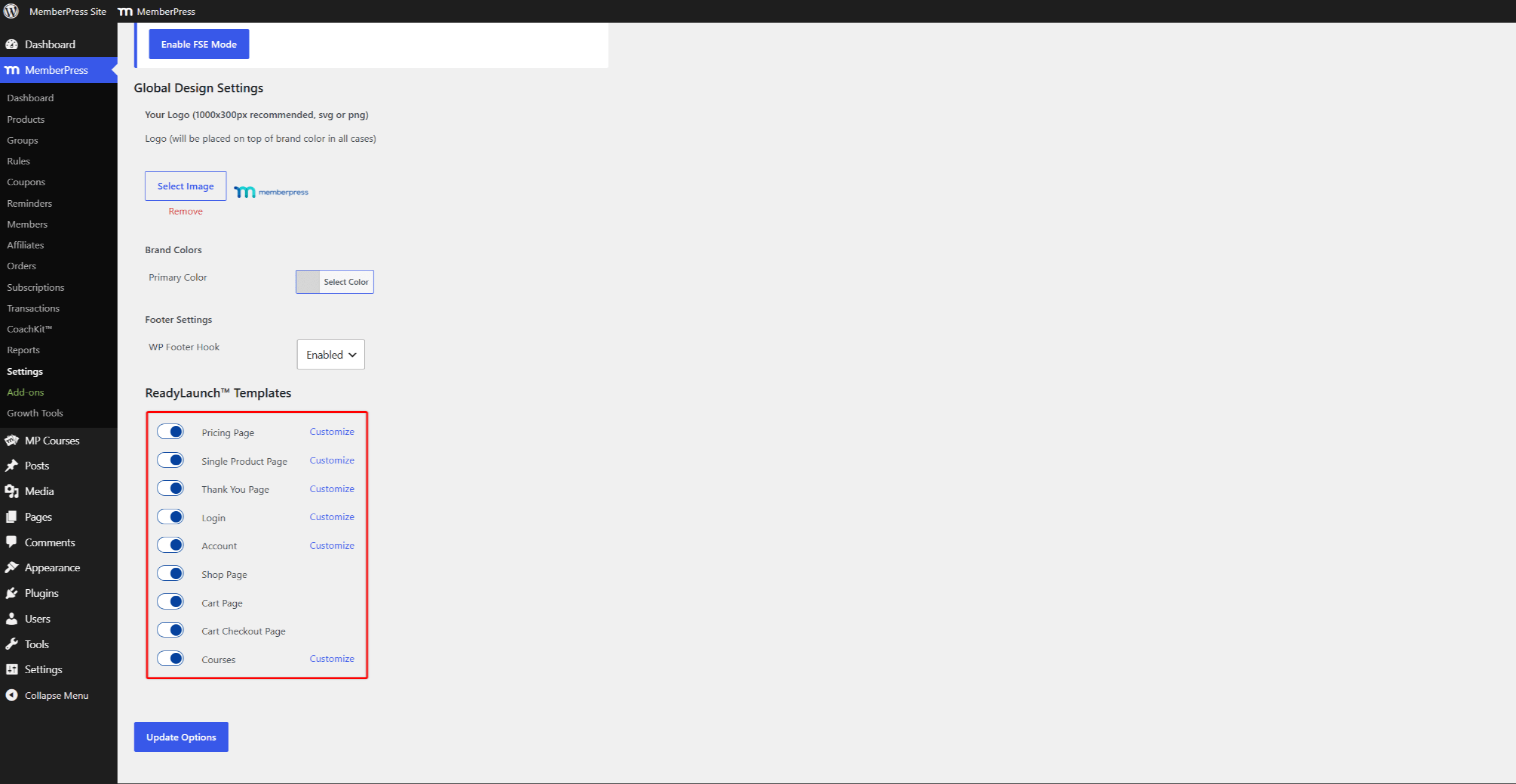 mepr-readylaunch-settings-1 | MemberPress ReadyLaunch templates tab with page toggles