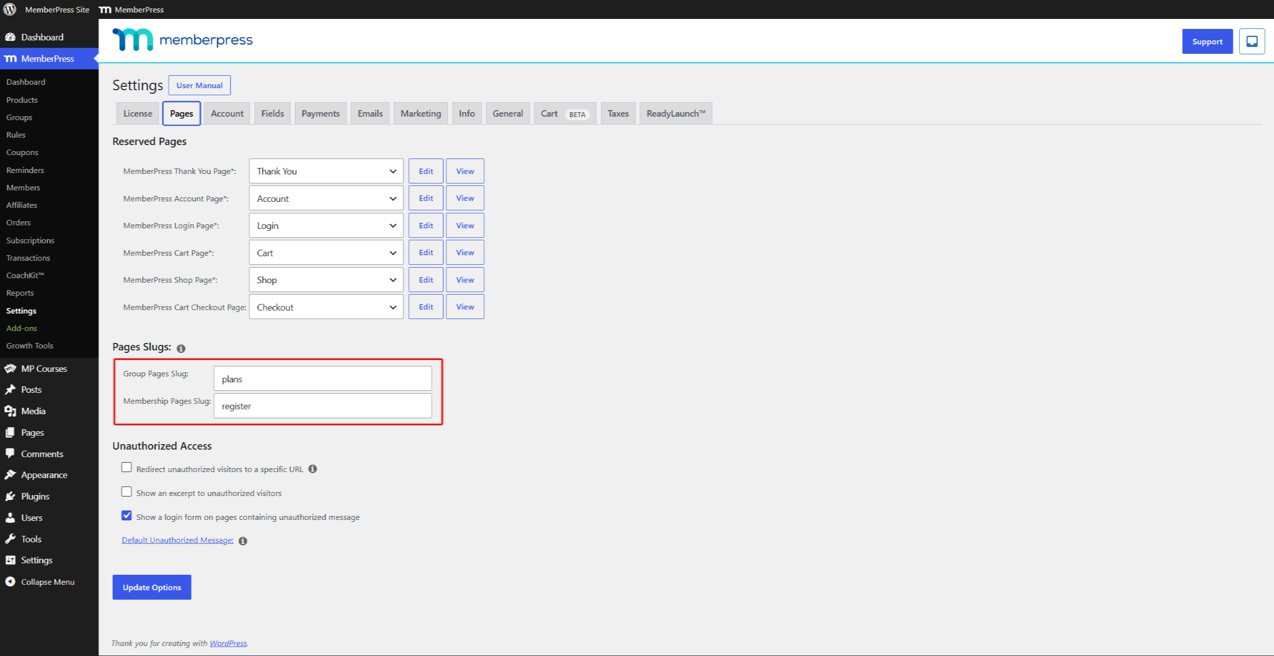 mepr-registration-pricing-slugs-1 | MemberPress Registration and pricing page slug settings