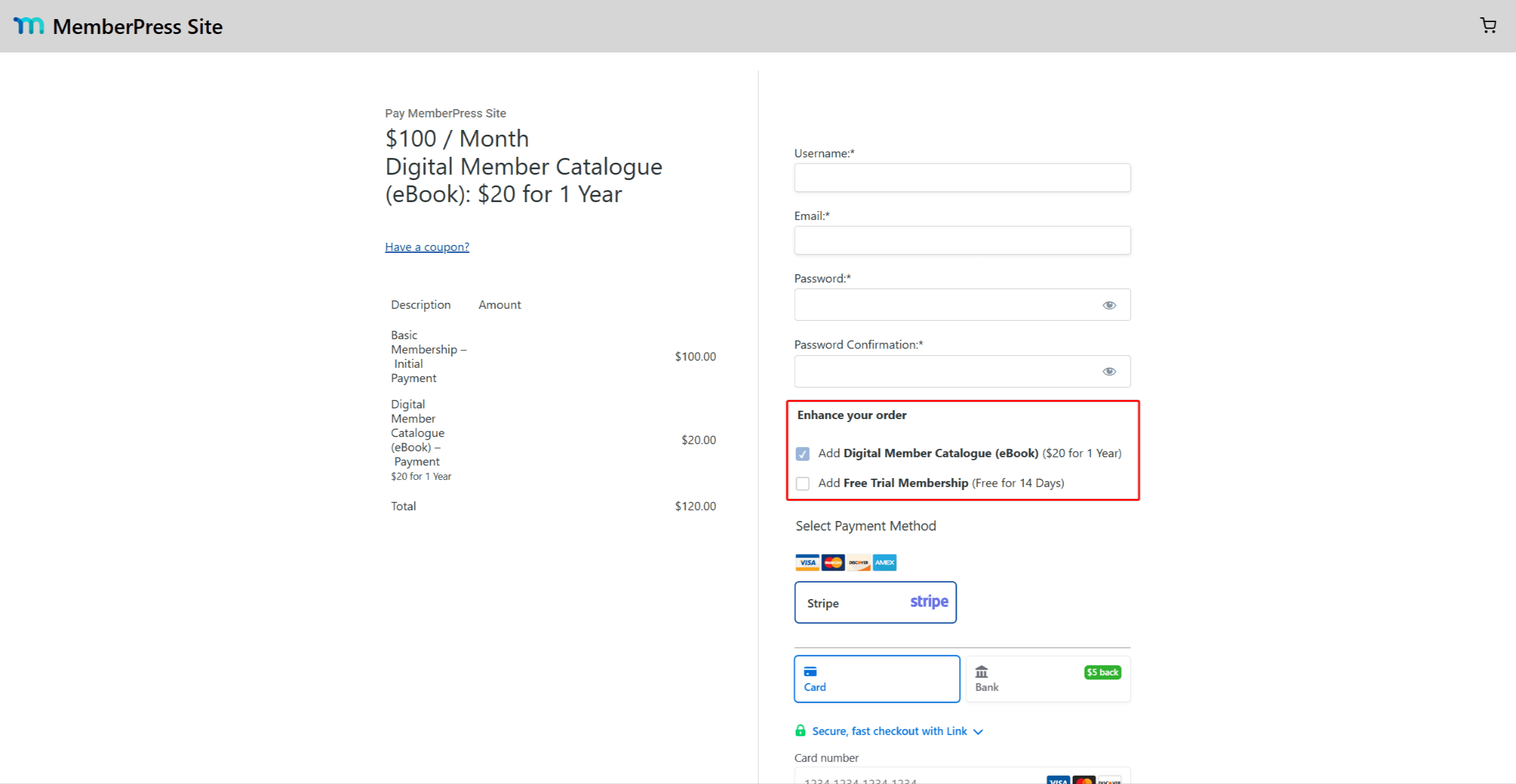 Standalone registration page with a required order bump