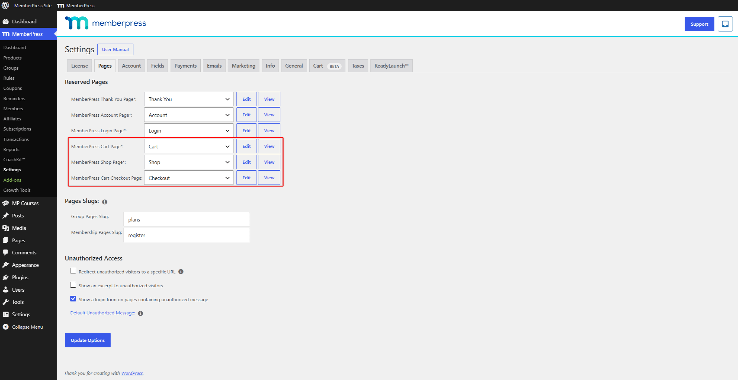 mepr-settings-pages-cart-reserved-1 | MemberPress Reserved cart pages in Pages settings
