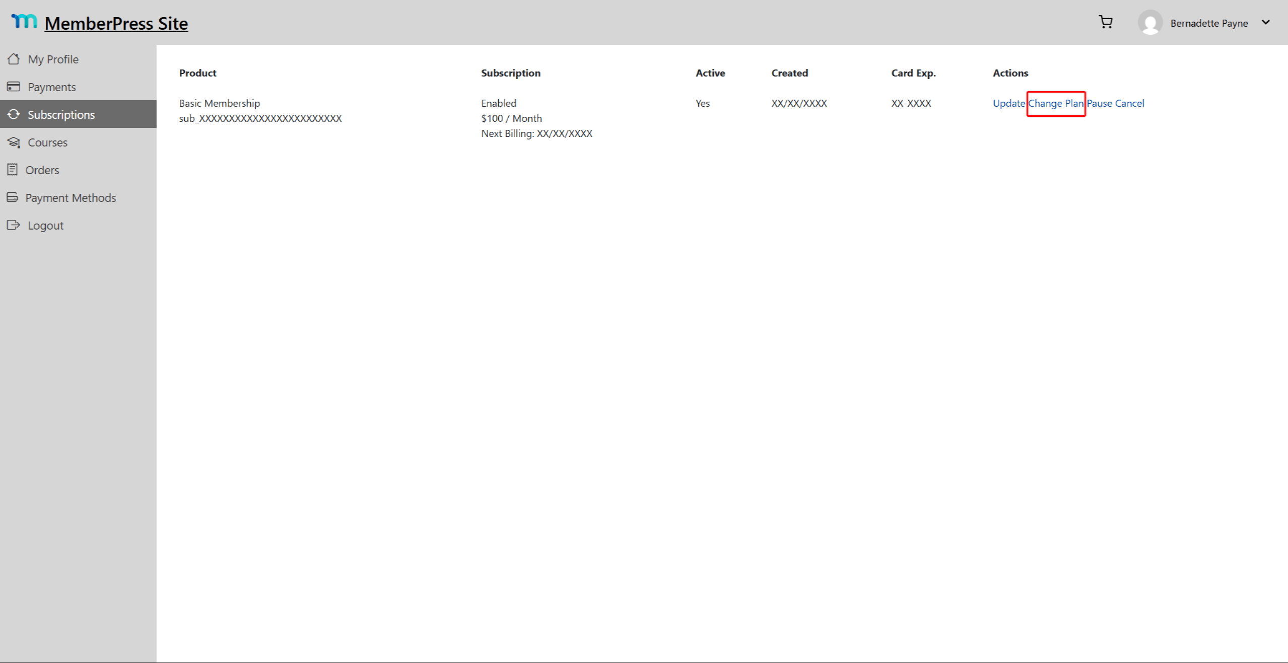 Change Plan link on the Account page