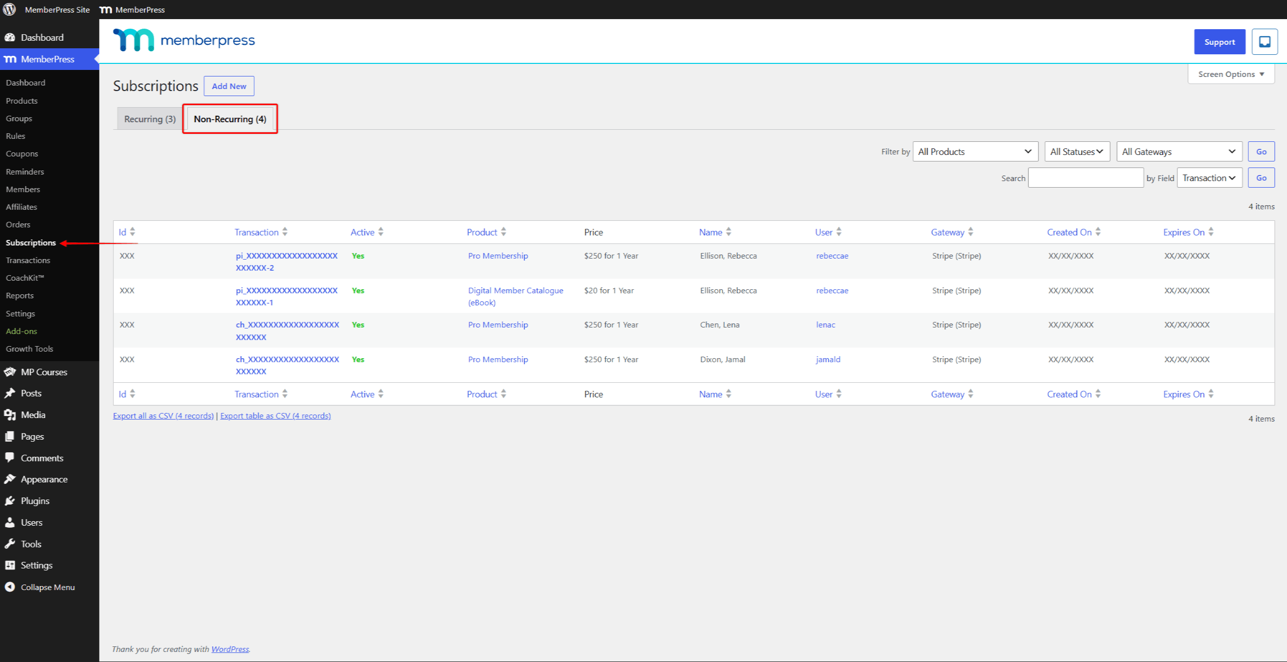 Non-Recurring tab on the Subscriptions page