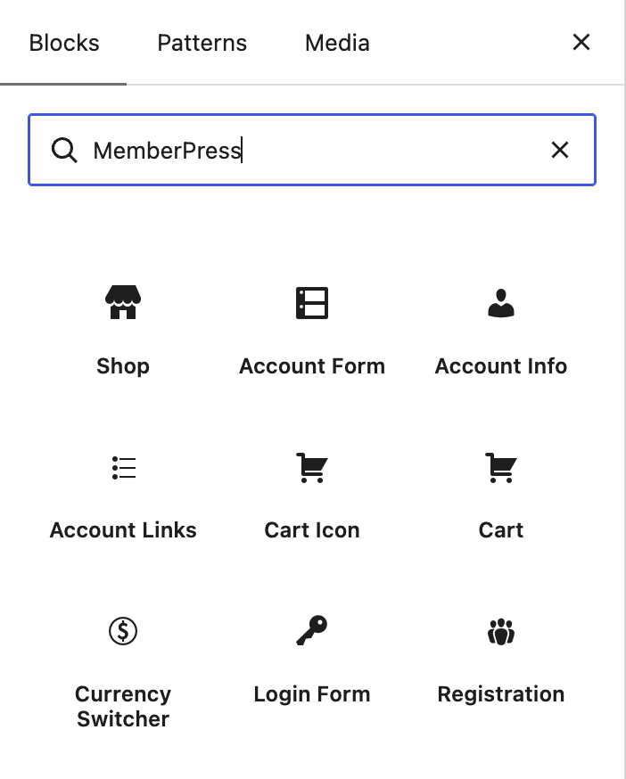 WordPress block inserter showing the MemberPress Cart, Shop, Cart Icon, and Currency Switcher blocks
