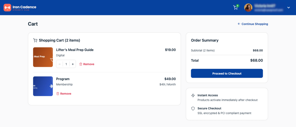 MemberPress Cart page showing a membership and a digital product with the cart icon displaying the item count