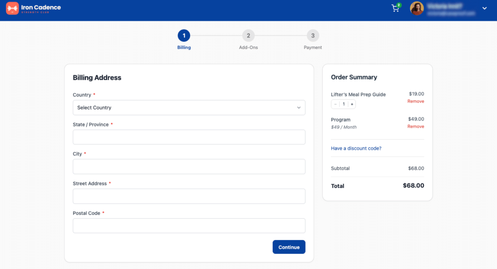 Billing Address form on left with country, state, city, street, and postal code fields; right shows Order Summary with items totaling  and a blue Continue button.