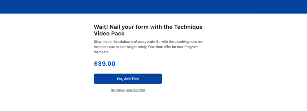 MemberPress Funnels upsell page with offer image, description, price, and accept or decline buttons