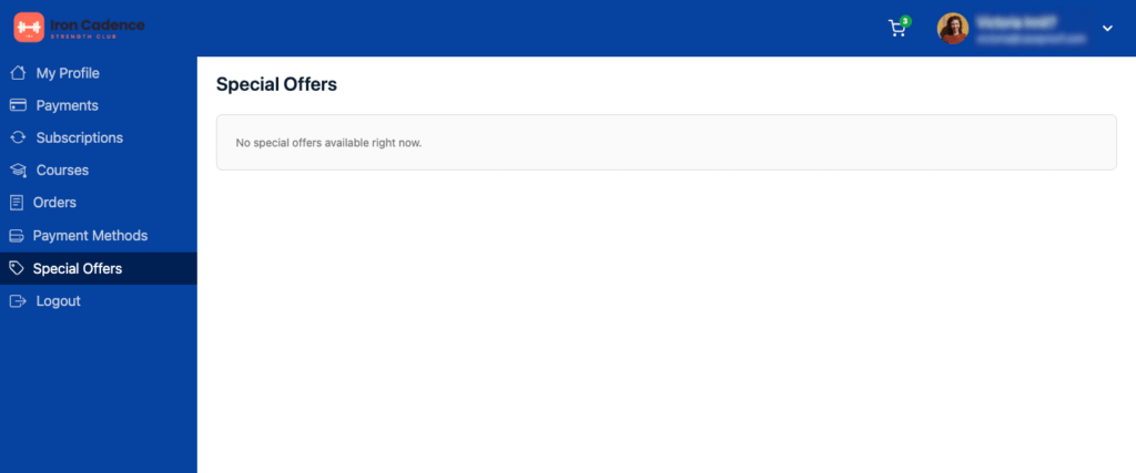 Special Offers page of the user dashboard showing'No special offers available right now.'