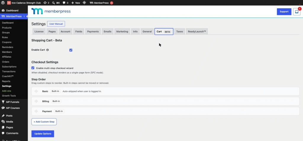 MemberPress Settings Cart tab with the Enable Cart checkbox and checkout settings