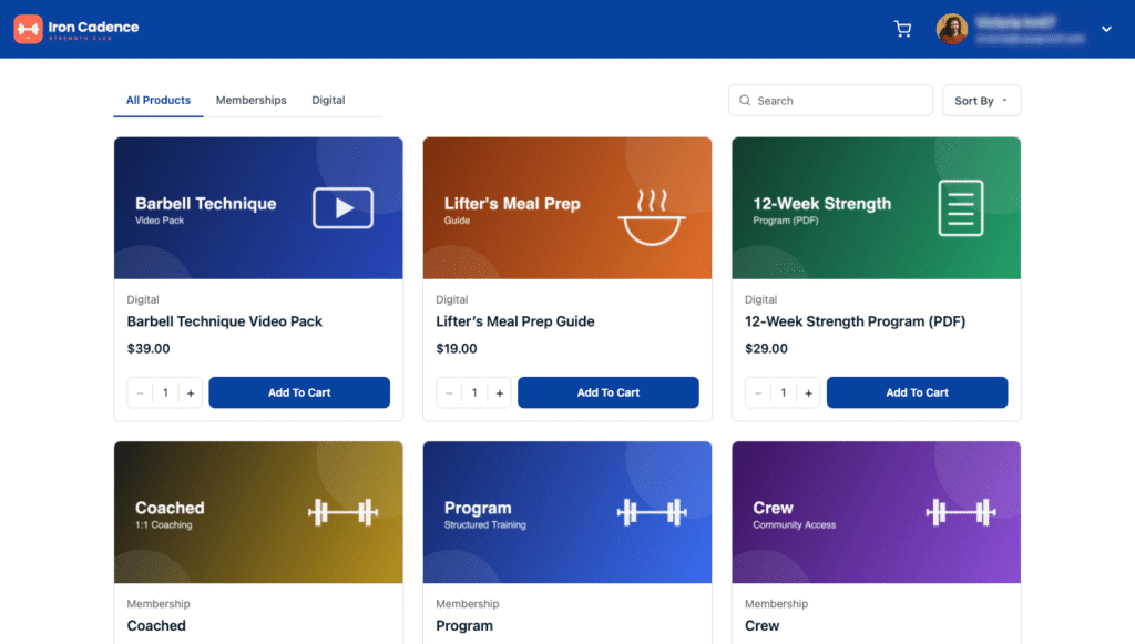 MemberPress Shop page showing membership and digital products with Add To Cart buttons