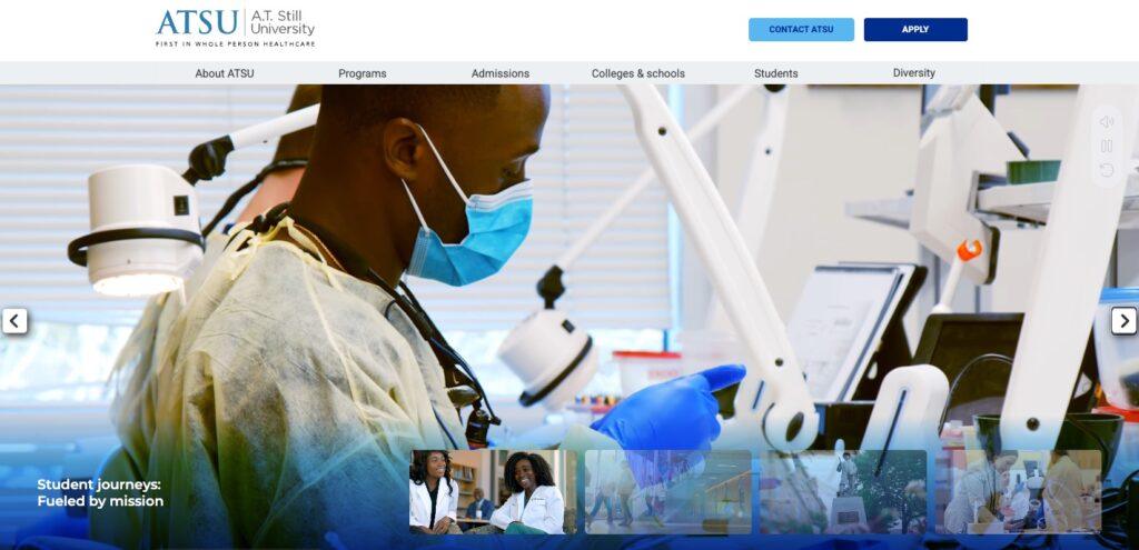 Medical student in scrubs, mask, and gloves working in a bright medical lab with equipment nearby