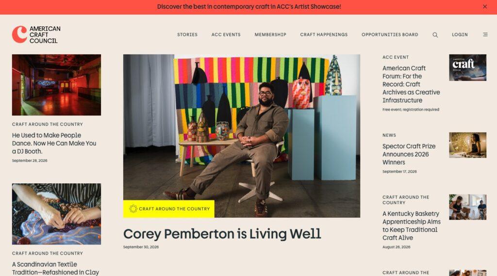 Portrait of a man seated in a colorful art installation with striped backdrop and display pedestals; yellow'Craft Around the Country' badge visible.