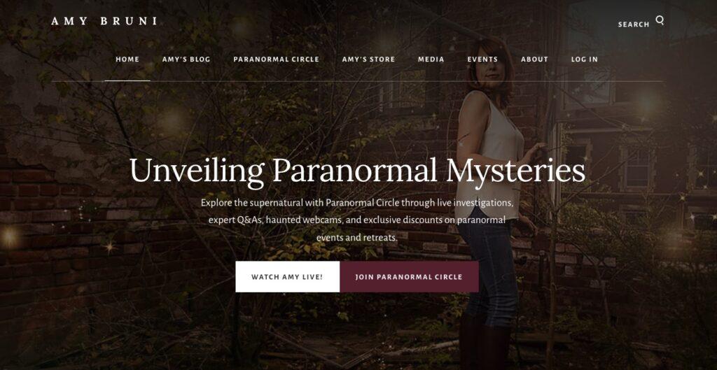 Hero header with title 'Unveiling Paranormal Mysteries' over a dim outdoor scene; subtitle mentions live investigations; two CTA buttons present.