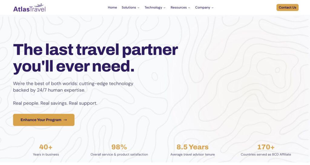 Atlas Travel Homepage Screenshot | MemberPress Atlas Travel hero banner with a bold purple headline: 'The last travel partner you'll ever need,' over a pale abstract pattern and subheading about 24/7 human expertise.