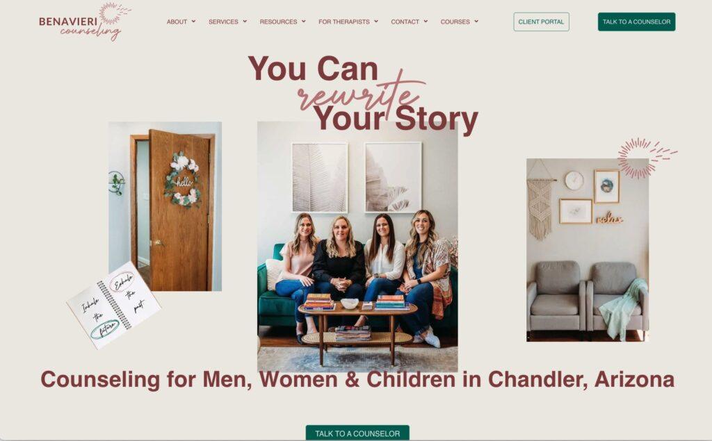 Benavieri Counseling homepage hero with three photos (door with wreath, group of four women in a living room, cozy waiting area), large'You Can rewrite Your Story' text, and the line 'Counseling for Men, Women & Children in Chandler, Arizona'