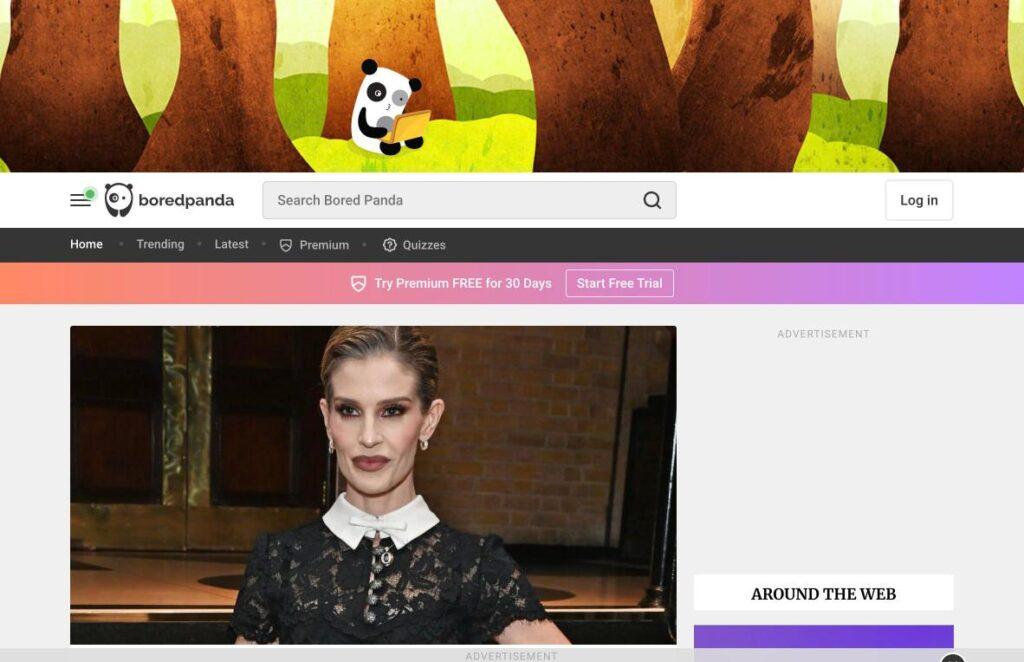 Bored Panda Homepage Screenshot | MemberPress Portrait of a woman in a black lace dress with a white collar posing indoors