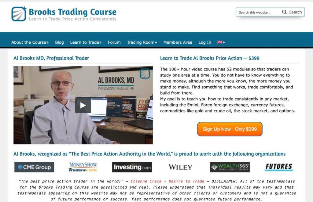 Brooks-Trading-Course | MemberPress Brooks Trading Course homepage: left video thumbnail of AL Brooks, MD; right side text about Learn to Trade price action with an orange Sign Up Now button; blue navigation bar above, logos below.