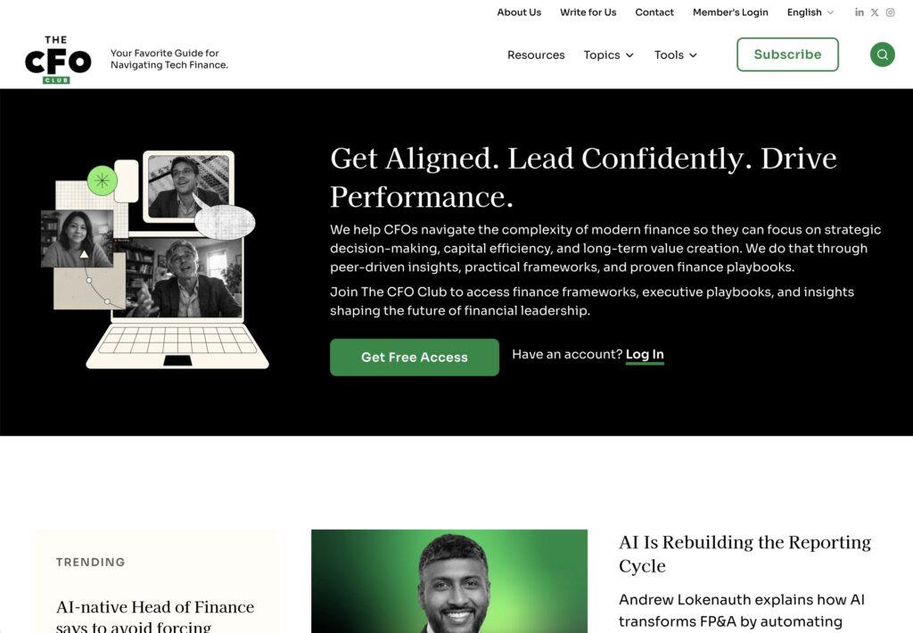 CFO Club Homepage Screenshot | MemberPress Black hero banner featuring a laptop collage on the left and large white headline:"Get Aligned. Lead Confidently. Drive Performance." with descriptive subtext and a green “Get Free Access” button nearby.