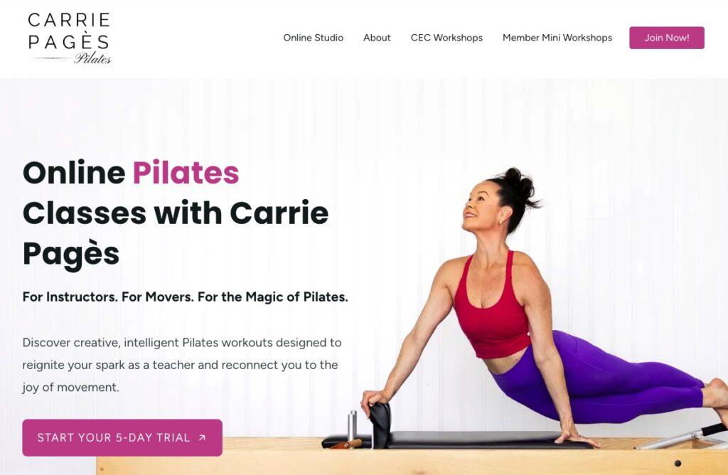 Woman performing Pilates on a reformer beside bold text advertising online Pilates classes with Carrie Pagès, promoting movement workouts as a teacher's program.