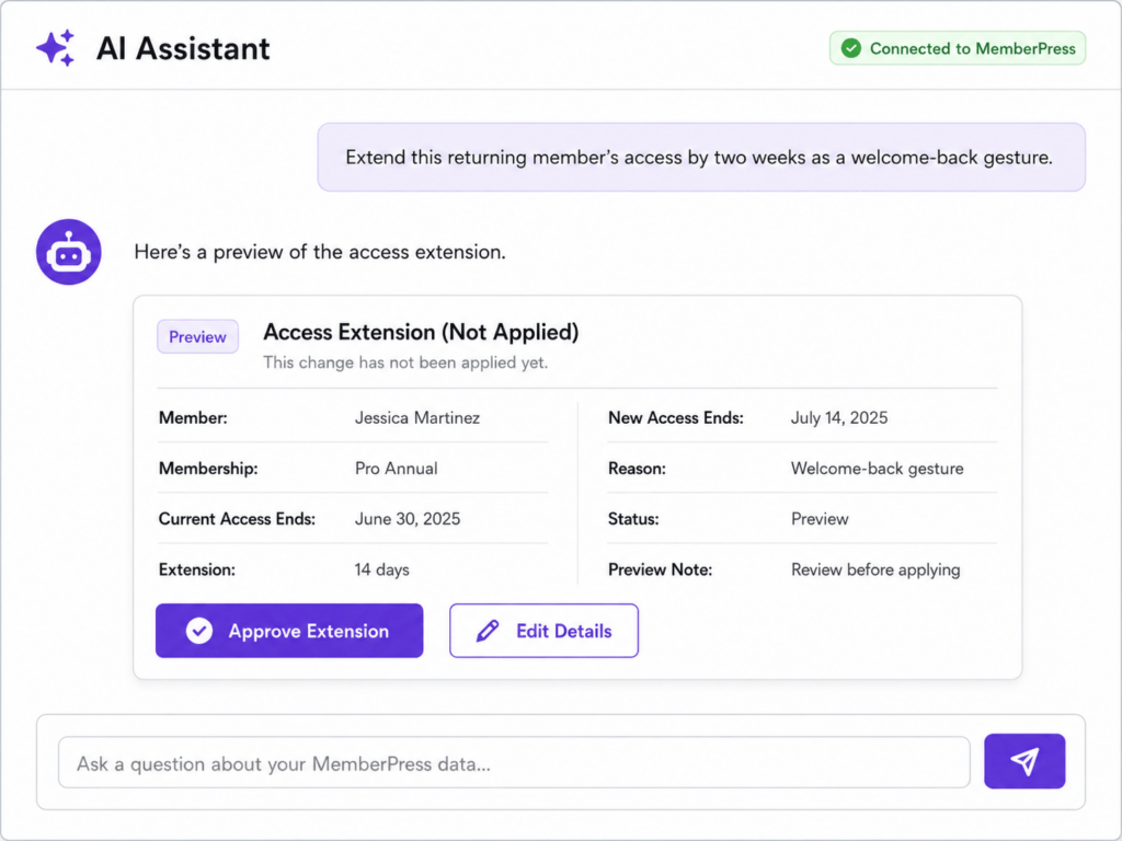 Preview of Access Extension dialog for member Jessica Martinez showing new end date July 14, 2025 and a 14‑day extension (Not Applied).